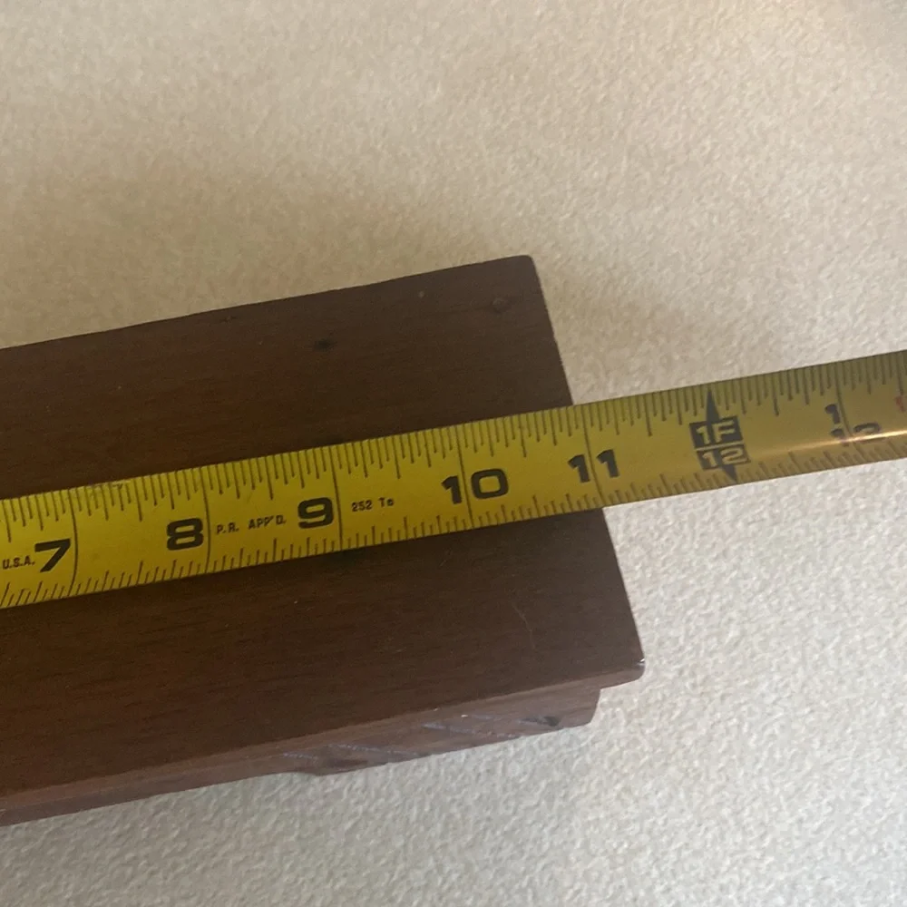 Vintage Art Deco look oak veneer wood display shelf with metal rings for hanging